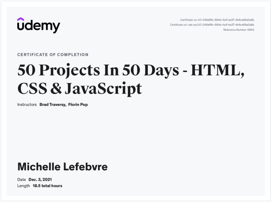 Vanilla JS 50 projects in 50 days Certificate